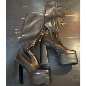 Women's WETKISS Black Stacked Platform Knee High Boots US 10